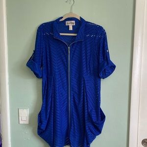 Joseph Ribkoff Size 12 Royal Blue Eyelit Zipper Blouse Cardigan Top
